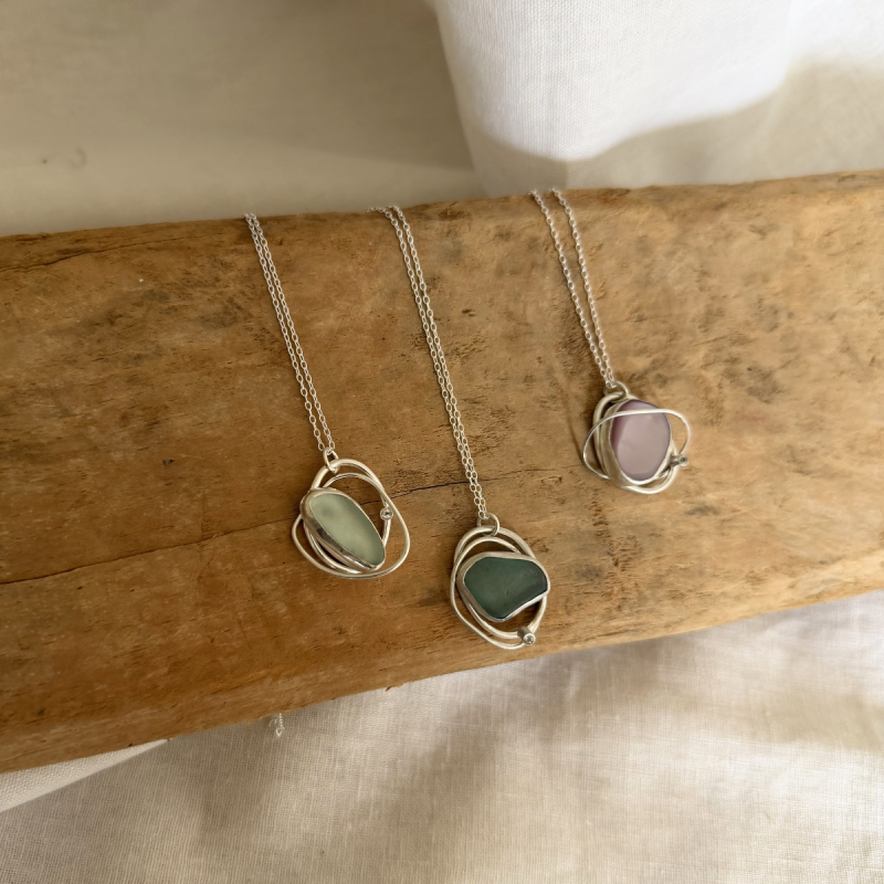 Pebble Double Pendant – Seaglass & White Topaz - Turquoise or Seafoam